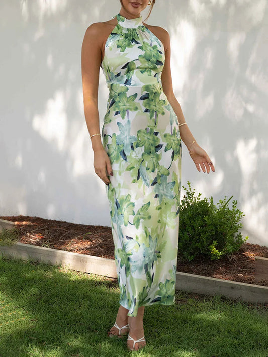 Print Halter Backless Flowy Vacation Maxi Dresses