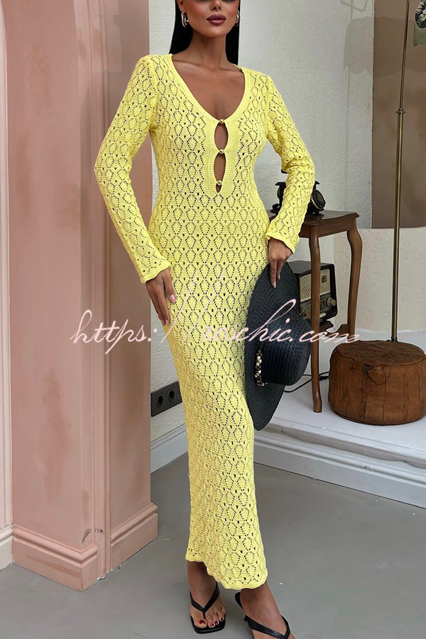 V-neck Long-sleeved Hollow Slim Maxi Dress