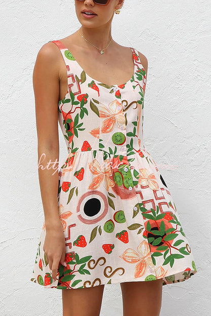 Botanical Print Sleeveless Button-down Mini Dress