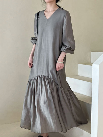 High Waisted Long Sleeves Elasticity Pleated Color Split-joint Zipper V-neck Midi Dresses