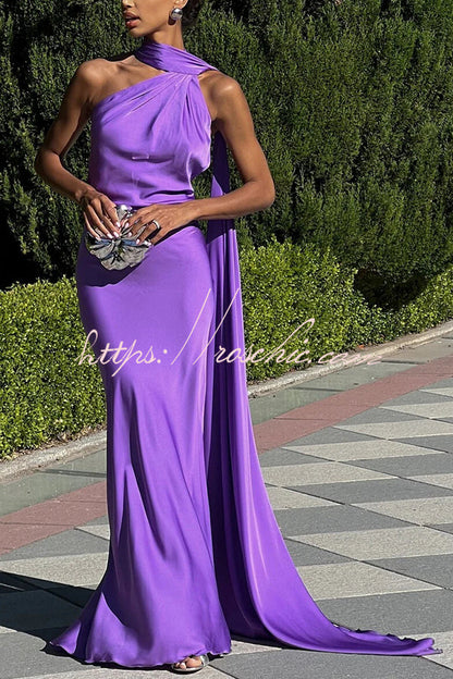 Crush on You Satin One Shoulder Backless Cape Maxi Dress