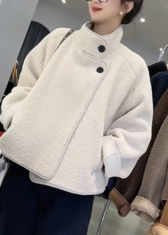 White Stand Collar Patchwork Pockets Faux Fur Coats Fall Ry015