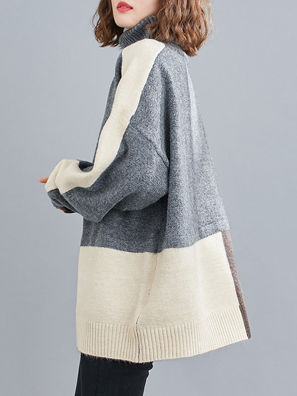 Stylish Grey High-neck Color-block Long Sleeve Knit Sweater An1043