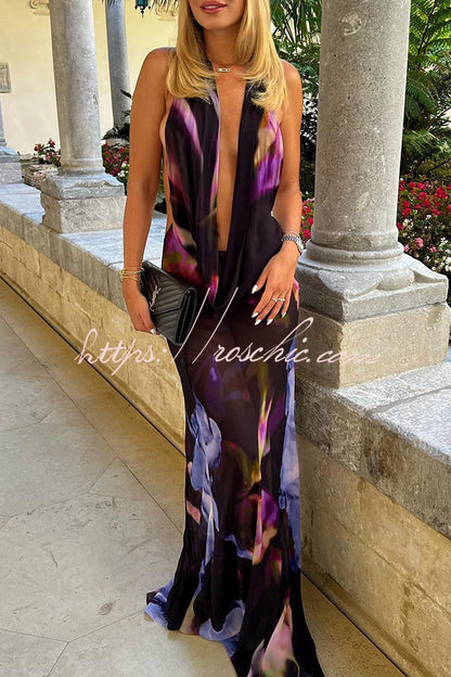 Bold and Tie-dye Abstract Halter Drape Neck Backless Maxi Dress