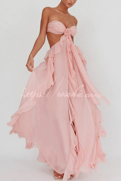 Vacation Halter Rose Detail Cut Out Ruffles Backless Maxi Dress