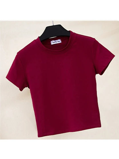 Green Crop Top T-shirt Female Cotton O-neck Short Sleeve T-shirts for High Waist Slim Short Sport Femme T-shirt