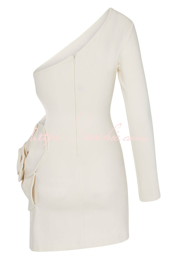 Ella 3d Flower Details Cutout Waist One Shoulder Stretch Mini Dress