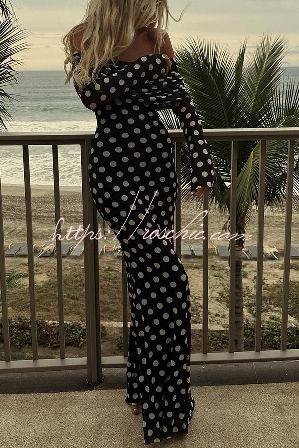 Statement Polka Dot Print Off Shoulder Ruched Stretch Maxi Dress