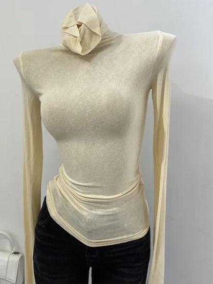Thin Soft American Long Sleeve T-shirt High Stacked Neck Tight Perspective Bottom Shirt ’s Slim Fit Tops
