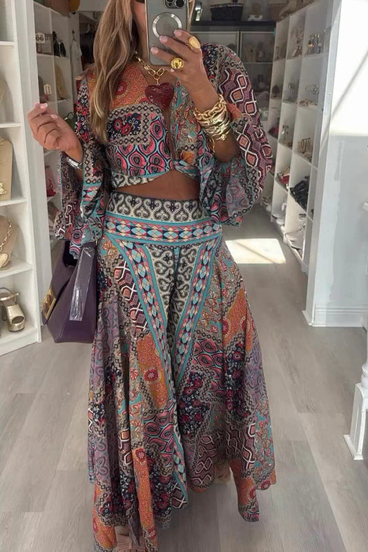 Unique Print Balloon Sleeve Crop Top and Elastic Waist Wide-leg Pants Set