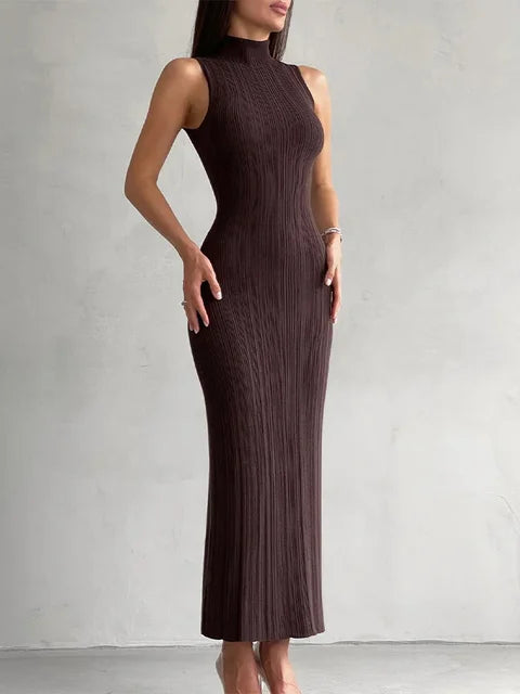 Sleeveless Knitwear Turtleneck Long Dress Female Slim Autumn Ribbed Knit Dress for Maxi Dress