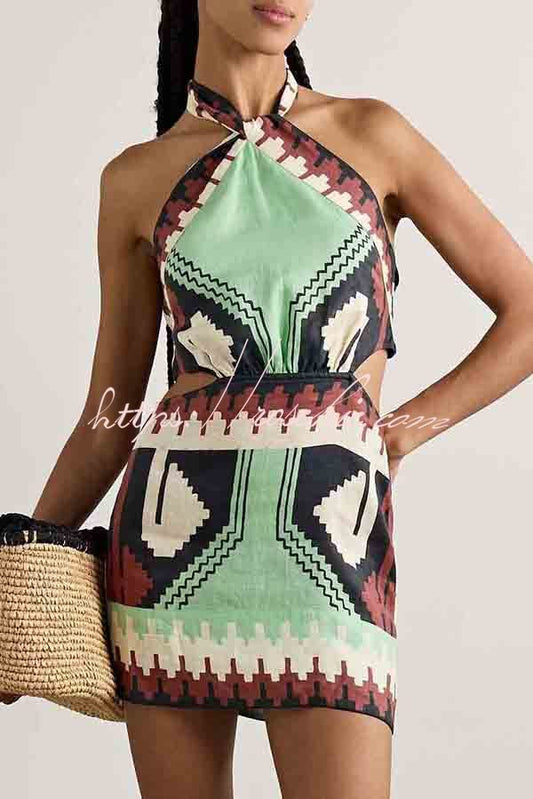 Unique Print Halter Backless Holiday Mini Dress