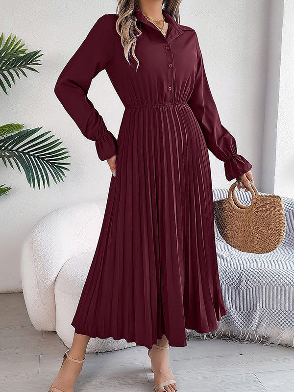 A-line Flared Sleeves Buttoned Elasticity Pleated Color Lapel Maxi Dresses