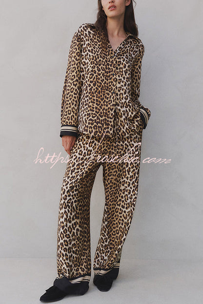 Unique Print Lapel Long Sleeve Loose Shirt and Elastic Waist Pocket Wide Leg Pants Set