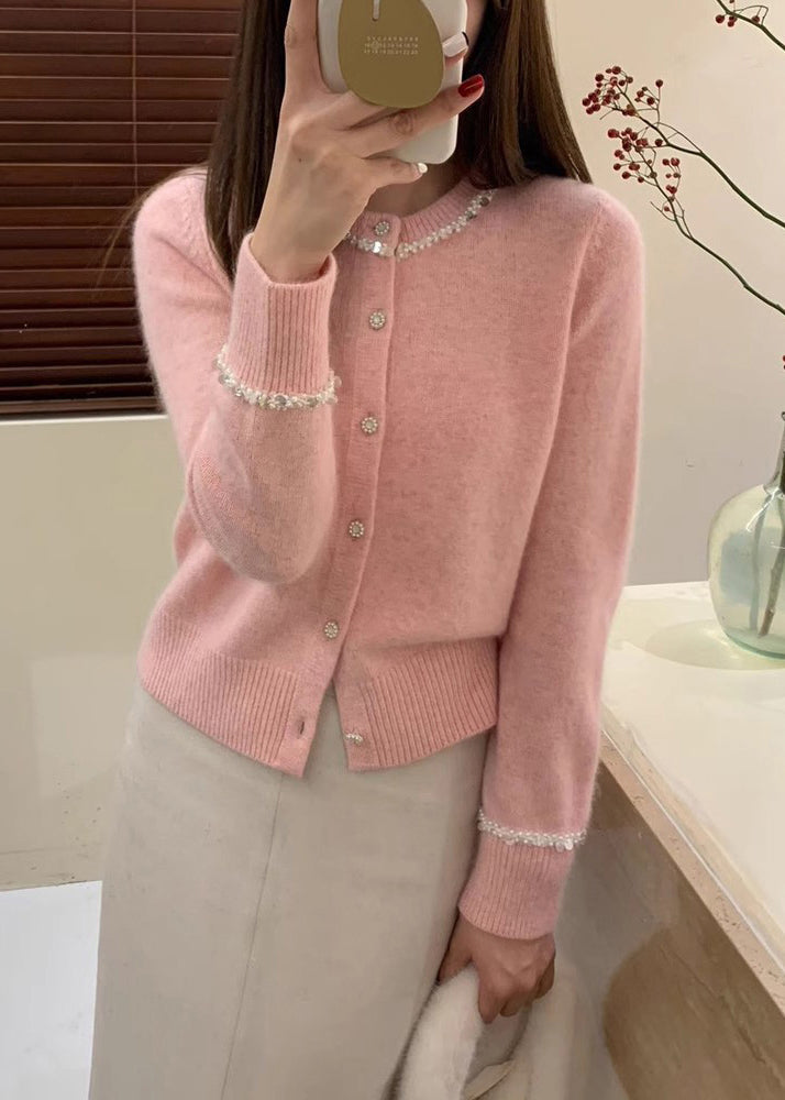 French Blue O Neck Handmade Nail Bead Knit Cardigan Fall Qc039