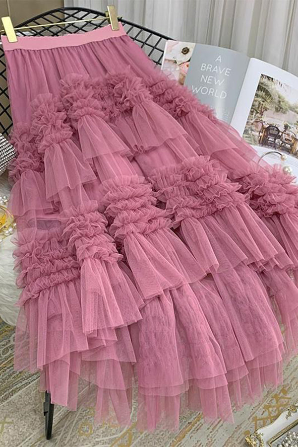 Mood Tulle Pleated Ruffle Elastic Waist Tiered Midi Skirt