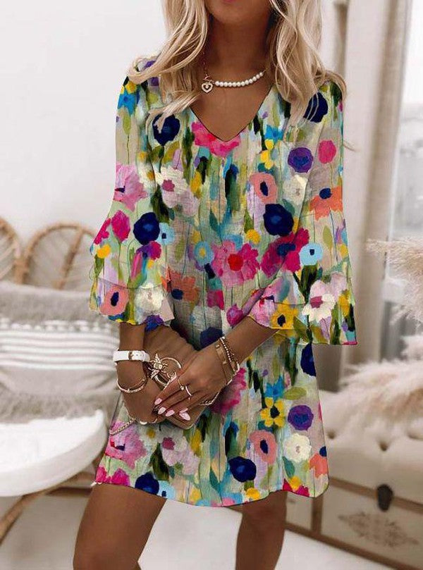 Romantic Print V-neck Mini Dress