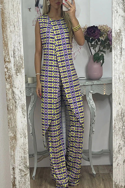 Retro Print Split Top Two-piece Set