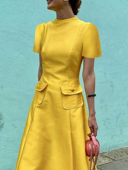 Short Sleeves Pockets Color Split-joint Round-neck Maxi Dresses