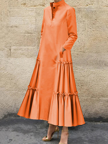 A-line Long Sleeves Buttoned Layered Pleated Pockets Ruffled Color Split-joint Stand Collar Maxi Dresses
