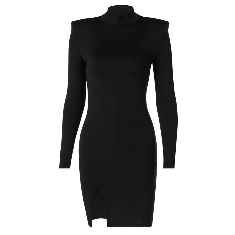 Spring Autumn Long Sleeve Bodycon Soild Color Black Slim Package Hip Mini Dress Female Clothing