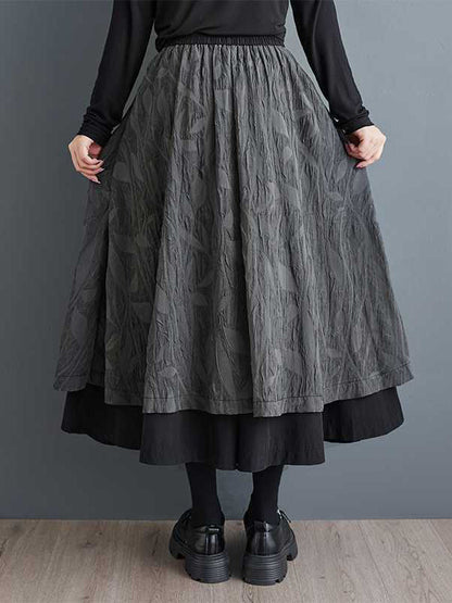 Black Loose High Waisted Pockets Patchwork Jacquard Texture Wide Leg Pants Culotte Ws002