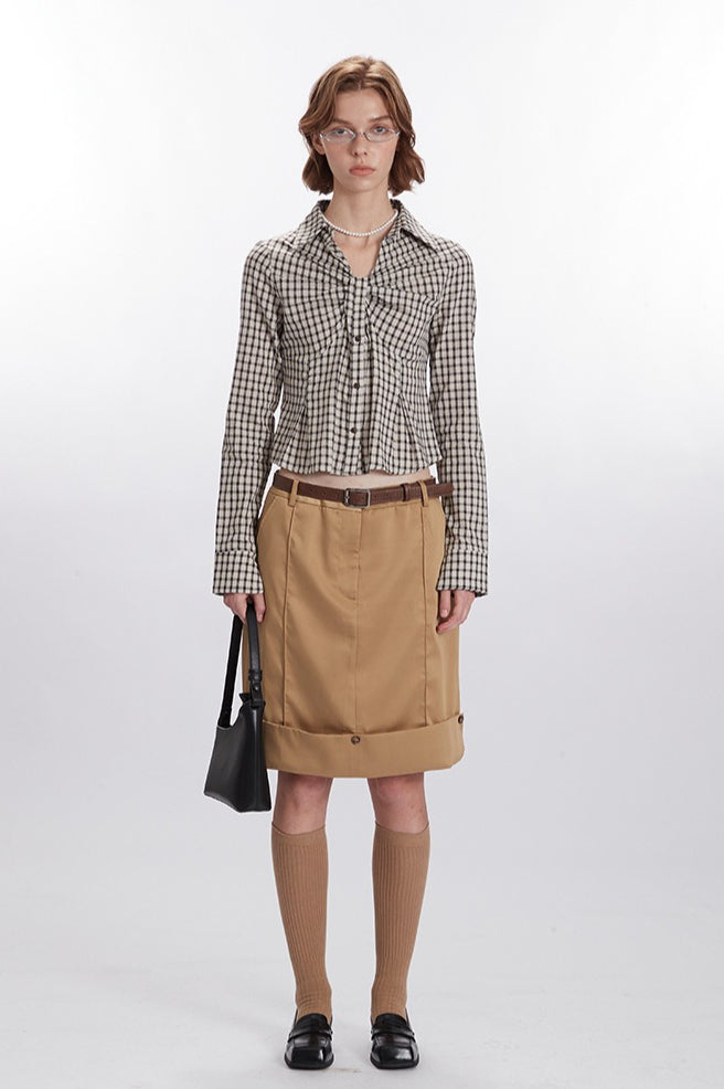 Plaid Ruched Long-sleeve Blouse