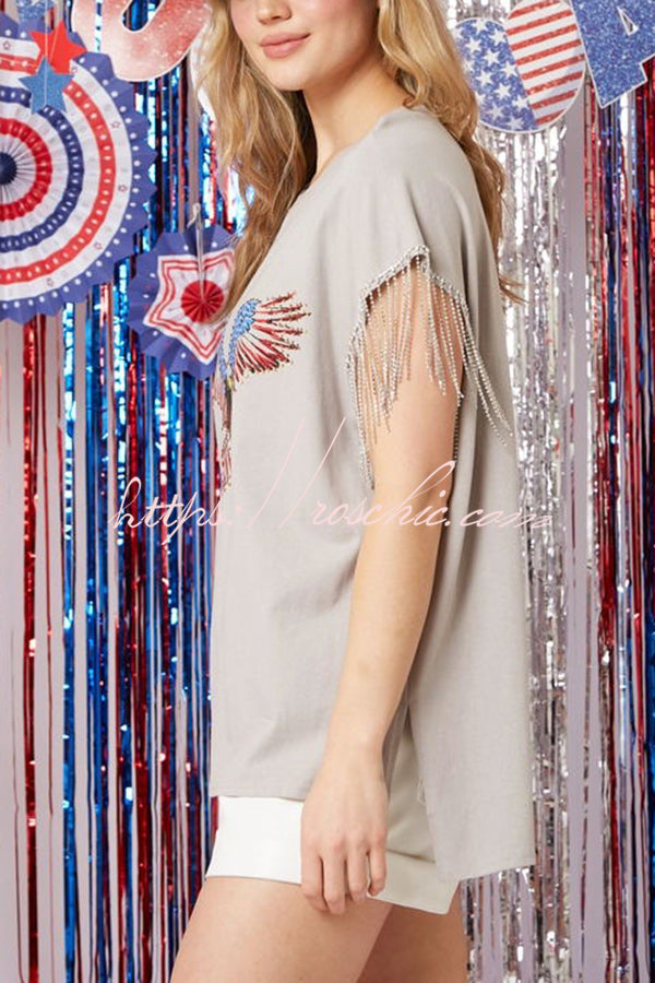 Extraordinary American Eagle Print Rhinestone Tassel Short Sleeve T-shirt