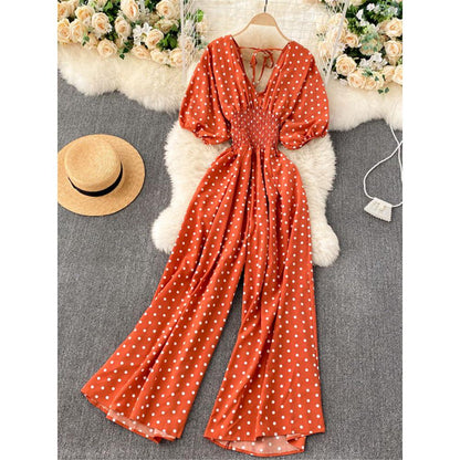 Stylish Army Green V-neck Polka Dot Puff Sleeve Wide Leg Jumpsuit