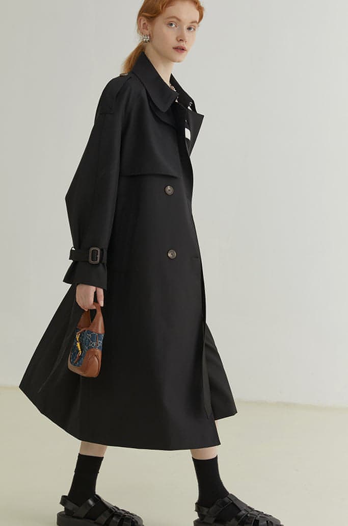 Double-breasted Loose Mid-length Melton Trench Coat