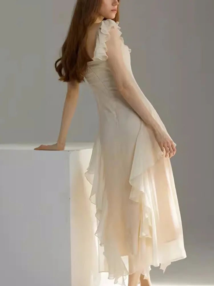 French Ruffles Midi Dress Summer New Sleeveless V-neck Holiday Beach Style A-line Party Prom Robe Vestido Mujer
