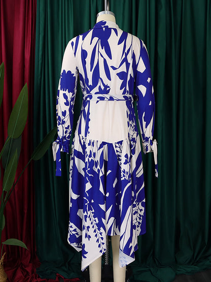Irregular Clipping Long Sleeves Lace-up Pleated Printed Split-joint Tied Waist Lapel Maxi Dresses Shirt Dress