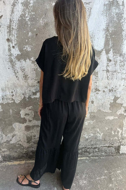 Color Crew Neck Short-sleeved Top and Elastic Waist Tie Pocket Wide Leg Pants Set