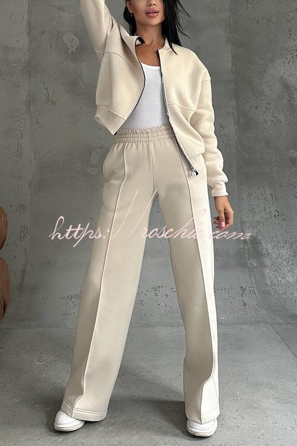 Color Long Sleeve Zipper Jacket and Elastic Waist Pocket Wide Leg Pants Set