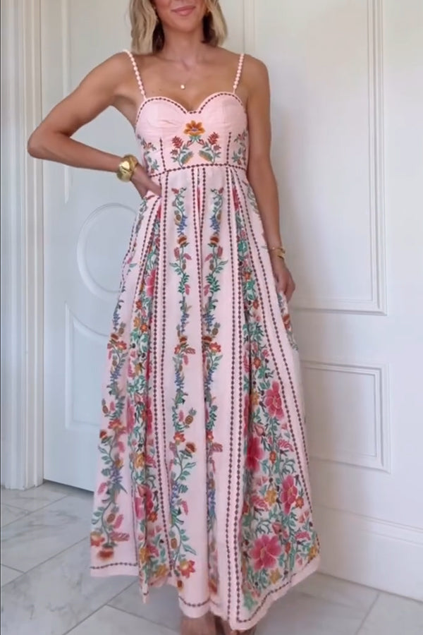 Delicate Forest Unique Print Sweetheart Neck Beaded Straps Maxi Dress