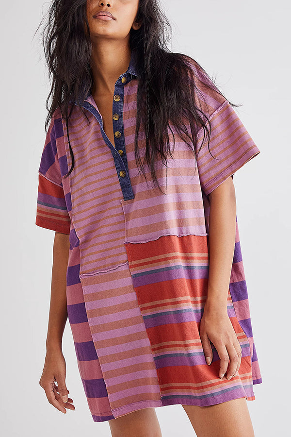 Contrast Striped Patchwork Denim Lapel Loose Mini Dress