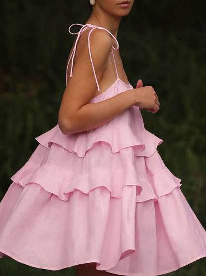 High Waisted Loose Backless Layered Pleated Color Tied Spaghetti-neck Mini Dresses