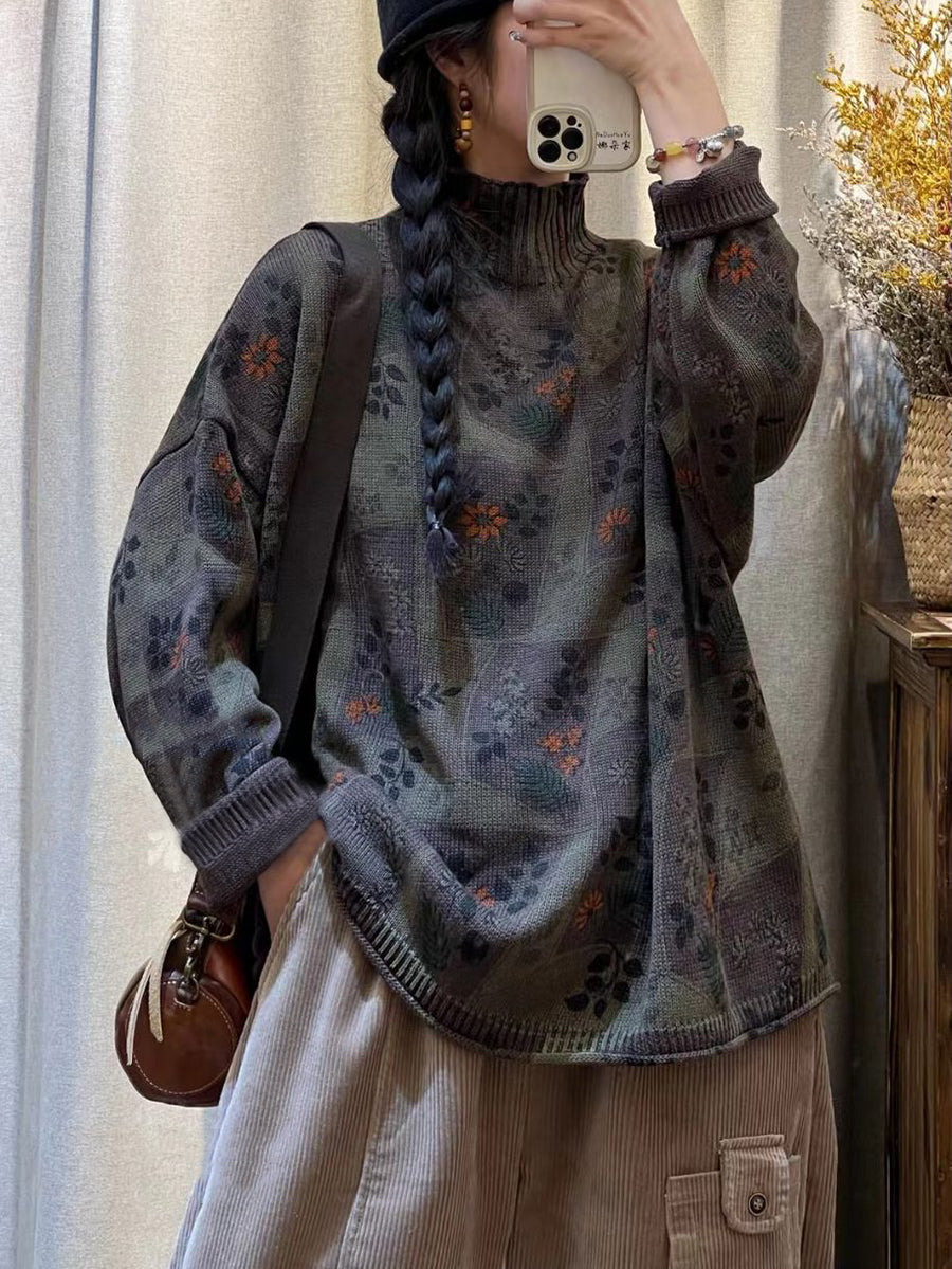Flower Knitted Turtleneck Sweater At1090