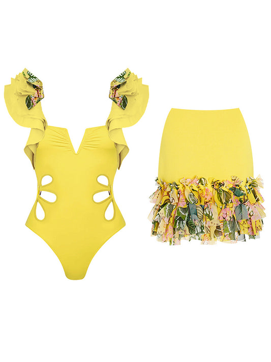 Print One Piece Swimsuit and Skirt
