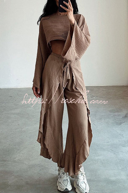 Ideal for Holidays Linen Blend Crop Top and Elastic Waist Tie-up Ruffle Pants Set