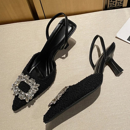 Crystal Buckle Pointed Toe Low Thin Heels Wedding Prom Shoes Wool Pumps Sandals
