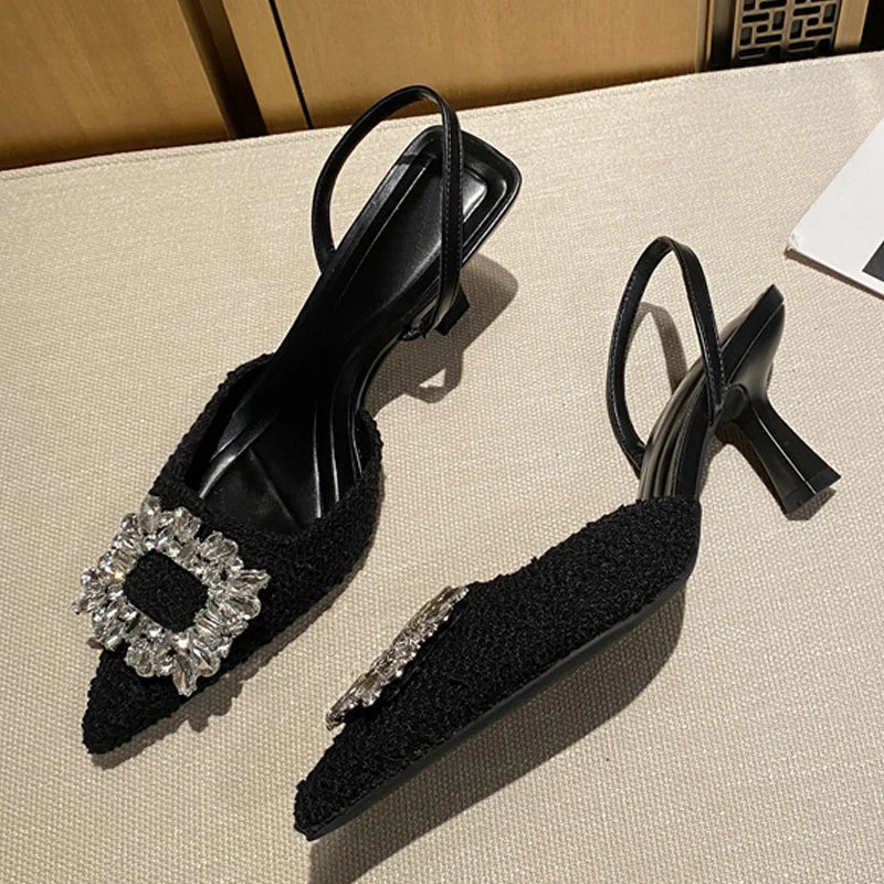 Crystal Buckle Pointed Toe Low Thin Heels Wedding Prom Shoes Wool Pumps Sandals