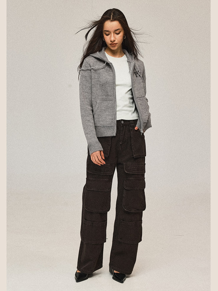 Short Hooded Knit Cardigan