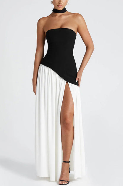 Off Shopulder Chiffon Pleated Hem Scarf Slit Maxi Dress