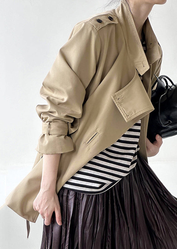 French Khaki Stand Collar Button Cotton Coats Fall Af1081