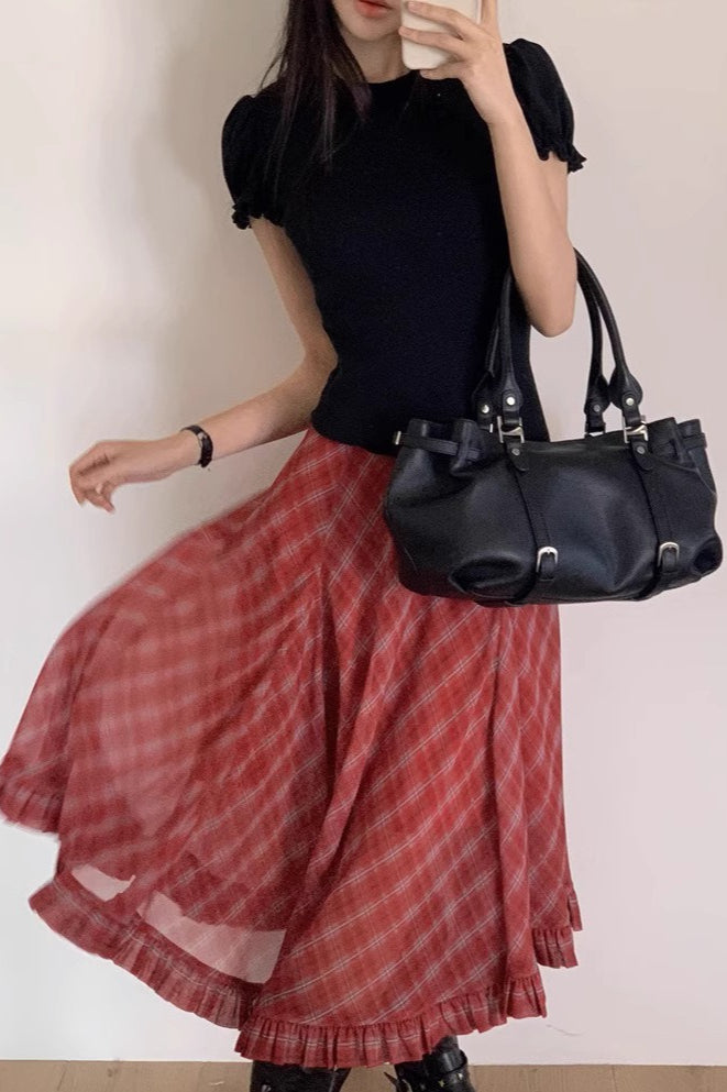Two-tone Plaid Asymmetrical Skirt