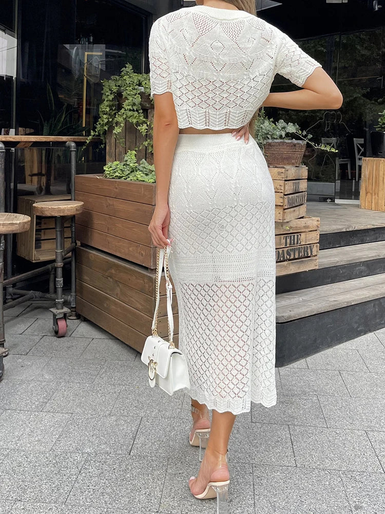 Knitted White Short Sleeve T-shirt Skirt Set Hollow See Through High Waisted Slim Fit Hip Wrap Two Piece Sets