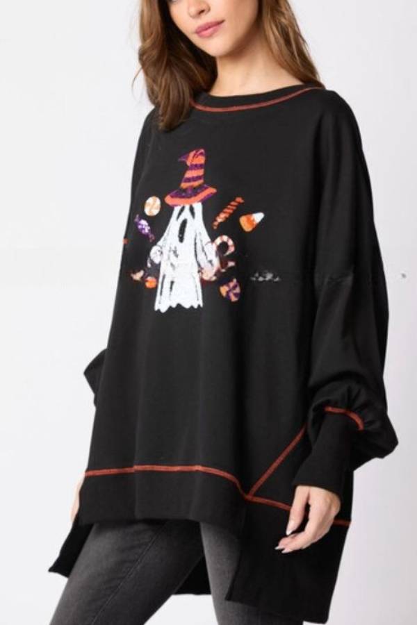 Halloween Ghost Sequined Sweatshirt Embroidered Top