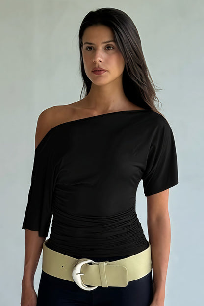 Off Shoulder Shirred Waist T-shirt