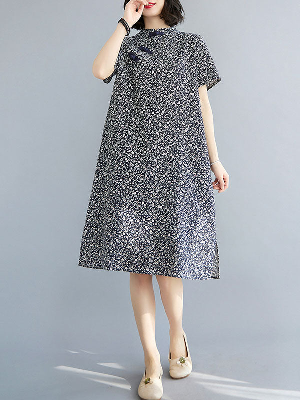 Artistic Retro Printed Stand Collar Short Sleeves Cheongsam Midi Dress